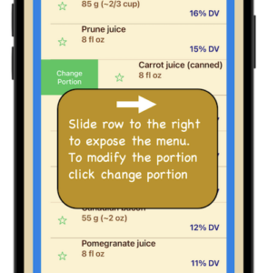 Tip-Top Food™: Nutrient summary screen showing real-time portion adjustments and their effect on nutrient totals for proactive nutrition tracking.