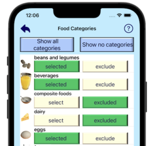 Tip-Top Food™: Food category preference screen showing personalized selections and filters for proactive nutrition tracking.