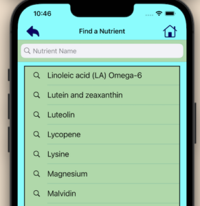 Tip-Top Food™ “Find a Nutrient” screen displaying a searchable list of nutrient names in the Proactive nutrition app.