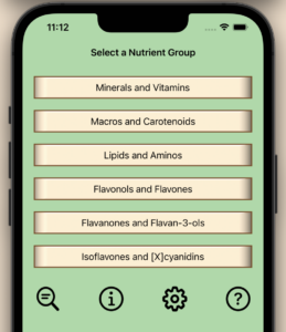 Tip-Top Food™ Home Screen showing paired nutrient category buttons for minerals & vitamins, and lipids & flavonoids in the Proactive Nutrition App